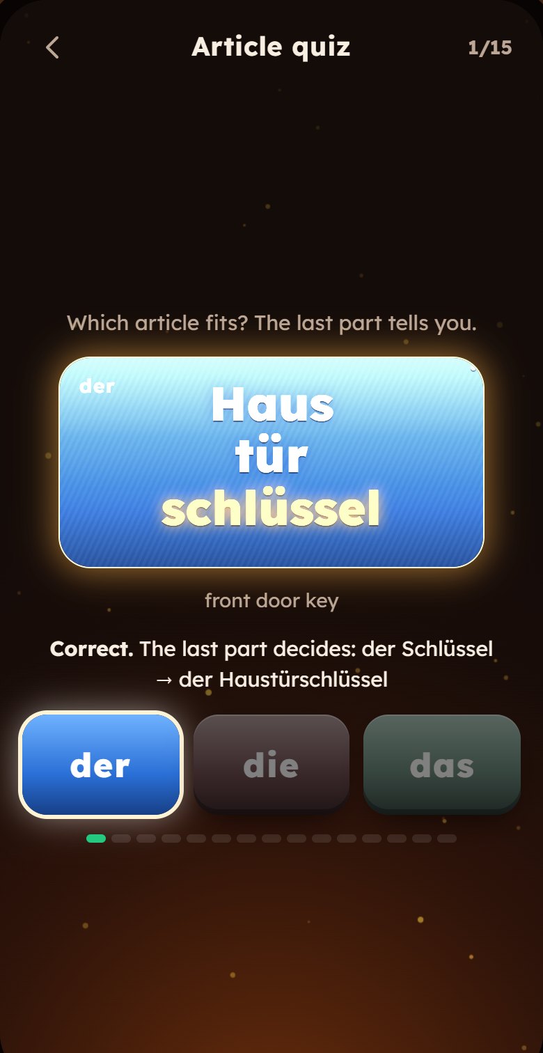 The article quiz asks for the article of Haustürschlüssel, below it the rule: the last part decides the article.