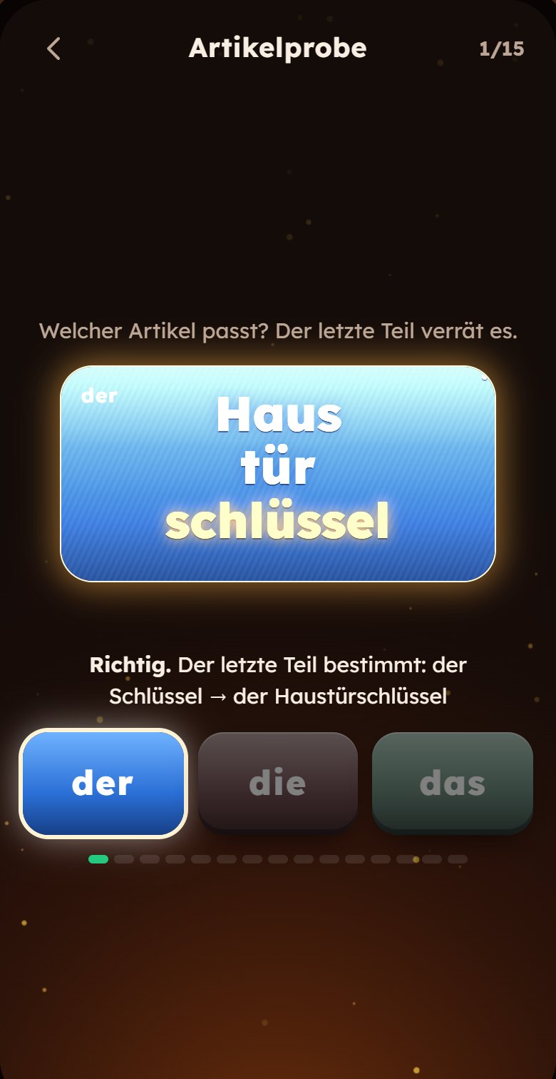 Die Artikelprobe fragt nach dem Artikel von Haustürschlüssel, darunter die Regel: Der letzte Teil bestimmt den Artikel.