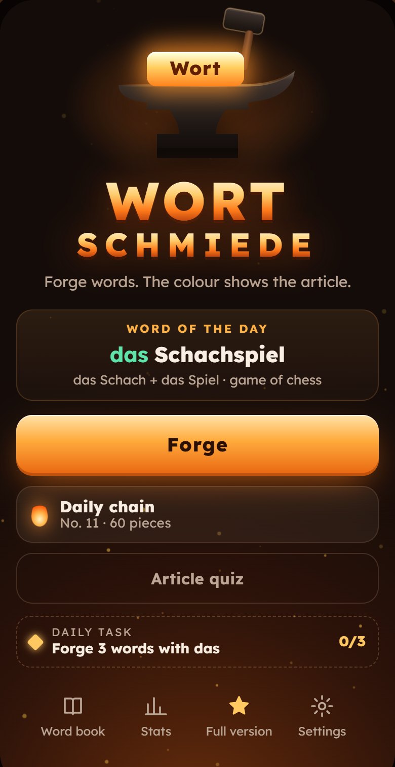 Start screen with word of the day, daily chain, article quiz and daily task.