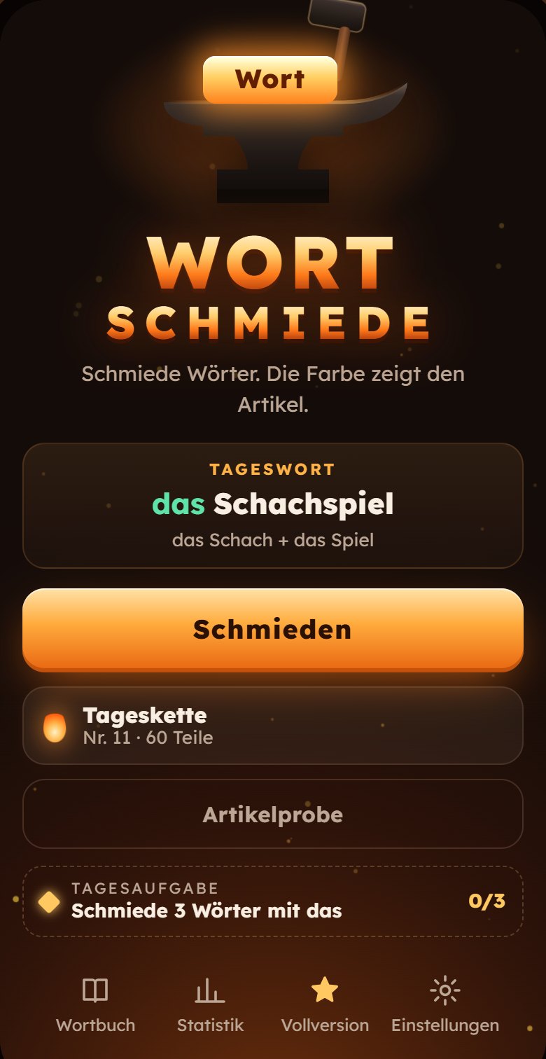 Startbildschirm mit Tageswort, Tageskette, Artikelprobe und Tagesaufgabe.