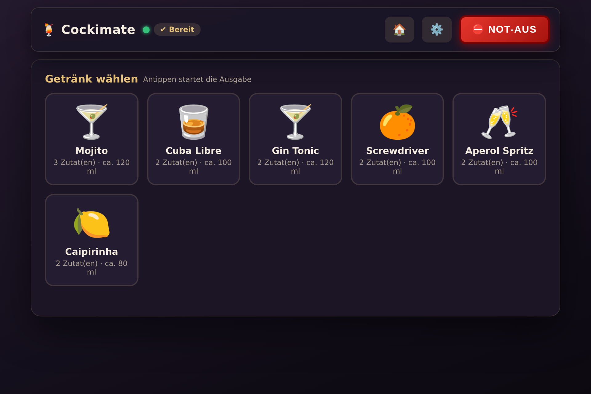 Screenshot der Getränke-Ansicht der Cocktailmaschine